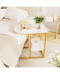 Gymax C-Shaped Side Table Compact 2-tier Storage End for Small Space