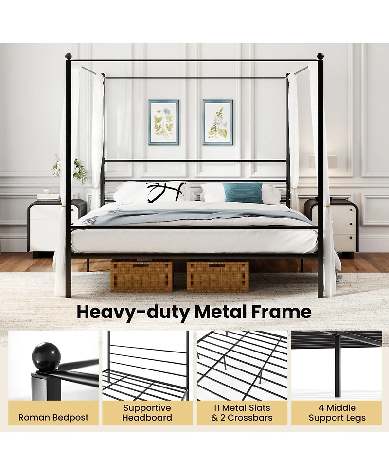 Slickblue Canopy Bed Frame Metal with Slat Support, Durable Platform Bed for Bedroom