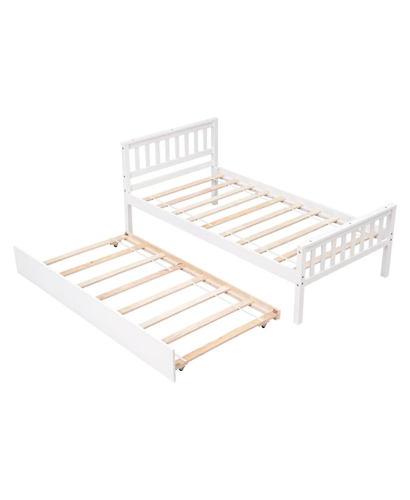 Rainsken Twin Bed with Trundle, Wood Platform Frame Headboard and Footboard, No Box Spring Needed for Kids Boys Girls Teens