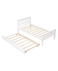 Rainsken Twin Bed with Trundle, Wood Platform Frame Headboard and Footboard, No Box Spring Needed for Kids Boys Girls Teens