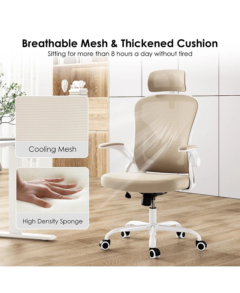 Flynama WhiteandKhaki High Back Mesh Chair,HeadrestandAdjustable Lumbar Support