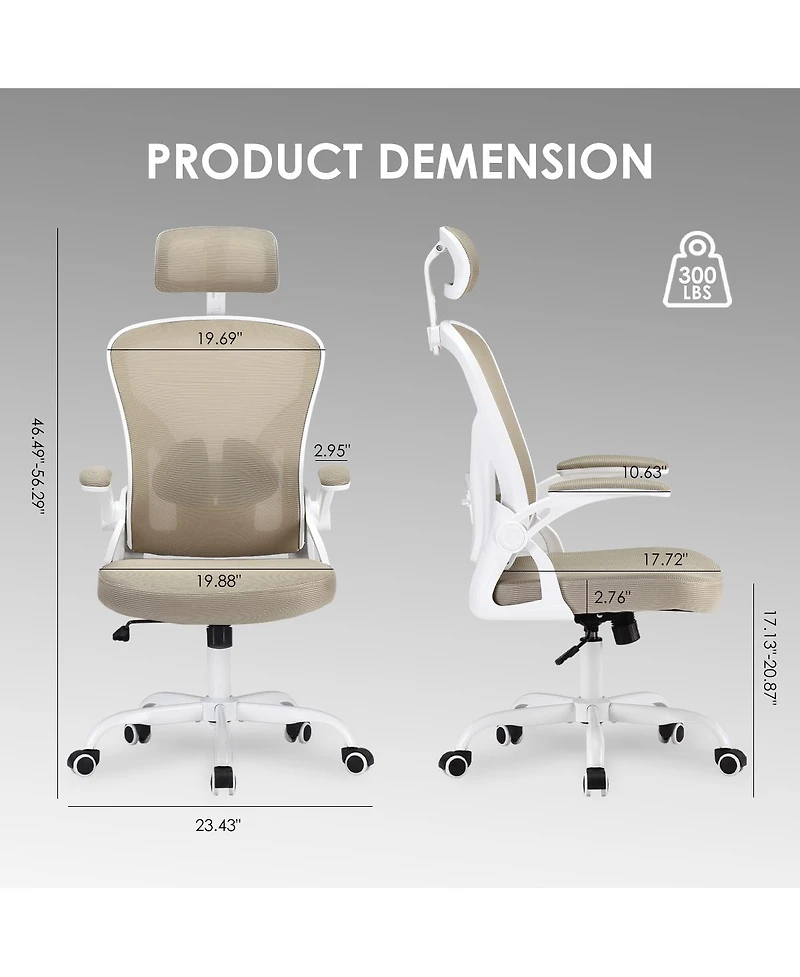 Flynama WhiteandKhaki High Back Mesh Chair,HeadrestandAdjustable Lumbar Support