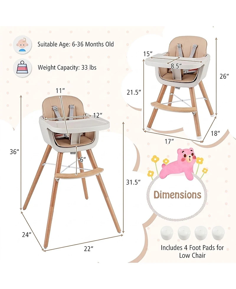 Gouun Baby 6-in-1 Convertible Wooden High Chair with Detachable Legs