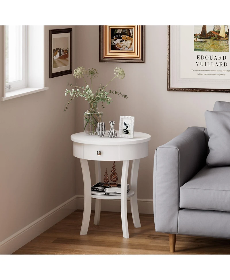 Sugift 2-Tier Wood Round End Table with Open Drawer