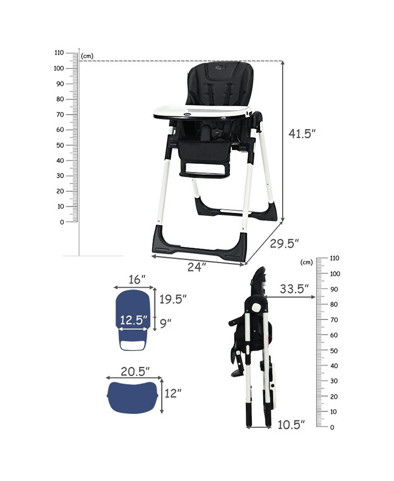 Gouun Foldable Highchair with Adjustable Backrest Recline and Removable Tray