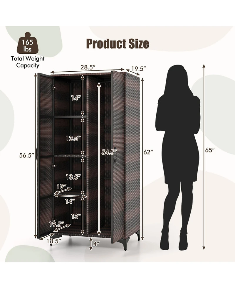 Gouun Metal Frame Tall Wicker Wardrobe Closet with Hanging Rod and Doors