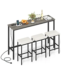 Gymax 4Pieces Counter Height Bar Table with Power Outlet 3 Padded Stools for Breakfast Nook