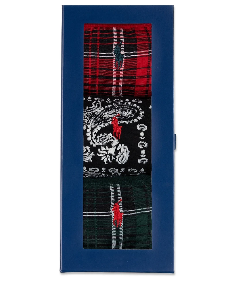Polo Ralph Lauren Men's Chopped Bandana and Plaid Pattern Socks, 3-Pack