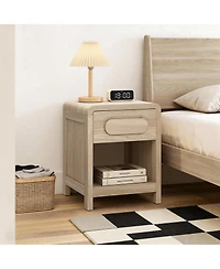 LuxenHome Nightstand with Storage, End Table with Light Wood Finish, Drawer and Open Shelf