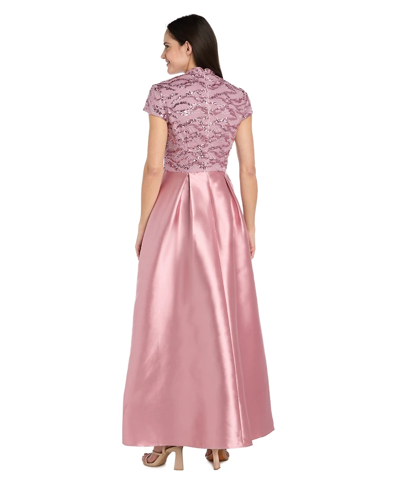 R & M Richards Women's Long Mikado Ballgown with Embroidered Mesh Bodice