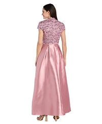 R & M Richards Women's Long Mikado Ballgown with Embroidered Mesh Bodice