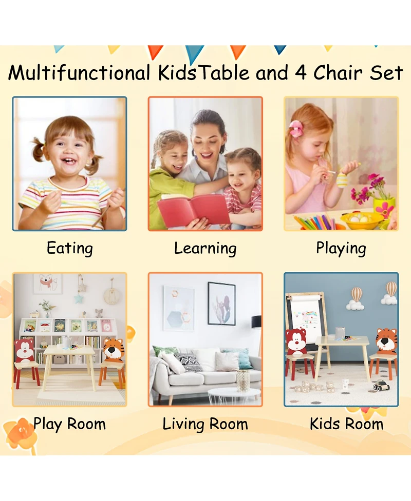 Rainsken 3 Piece Wood Table and Chair Set, with 2 BearandTiger Animals Chairs, Wood Activity Tables Drawing Play Table Set, for Age 2-6 Boy Girl