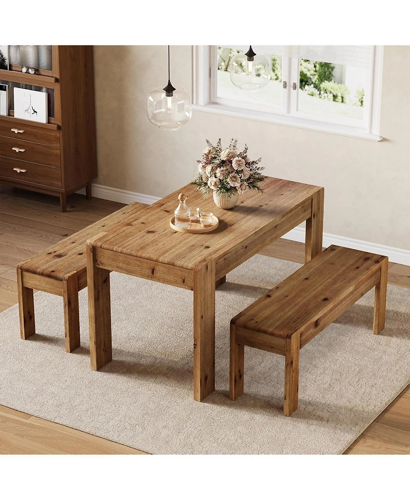 Tribesigns Solid Wood Dining Table Set for 4-6, 55" Dining Table with 2 Benches, Farmhouse Kitchen Table Set with Sturdy Legs, Dining Room Table Set