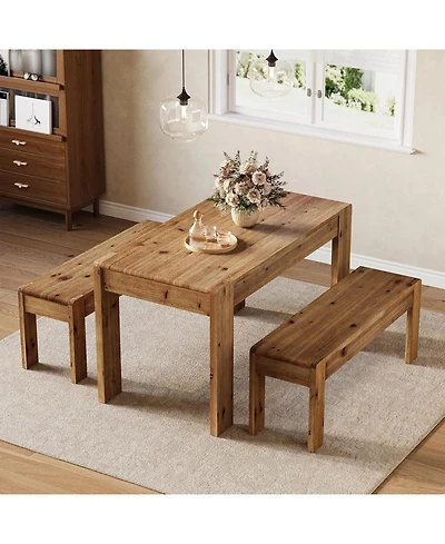 Tribesigns Solid Wood Dining Table Set for 4-6, 55" Dining Table with 2 Benches, Farmhouse Kitchen Table Set with Sturdy Legs, Dining Room Table Set