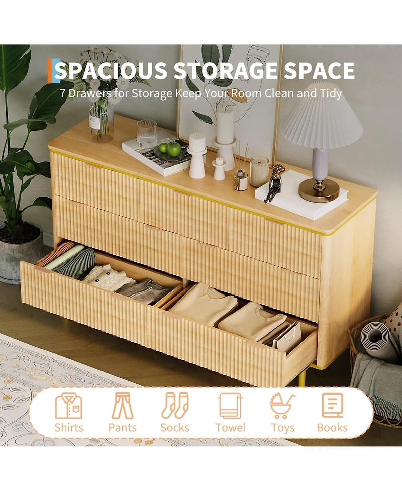 gaomon Fluted 7 Drawer Dresser with Gold Handles Curved Profile Design, 54" Wide Modern Wood Storage Cabinet and Tv Stand
