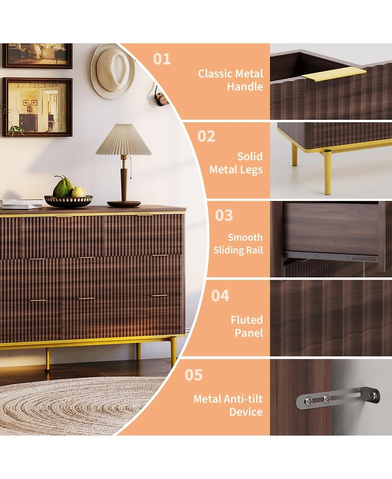 gaomon Fluted 7 Drawer Dresser with Gold Handles Curved Profile Design, 54" Wide Modern Wood Storage Cabinet and Tv Stand