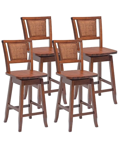 Set of 2 Swivel Bar Stools Counter Height Rubber Wood Pub Chairs w/ Rattan Back