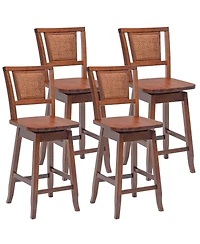 Set of 2 Swivel Bar Stools Counter Height Rubber Wood Pub Chairs w/ Rattan Back