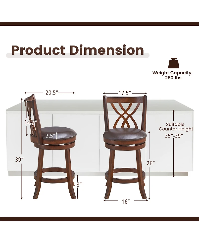 Costway Set of 4 Swivel Bar Stools Counter Height Dining Pub Chairs with Rubber Wood Legs