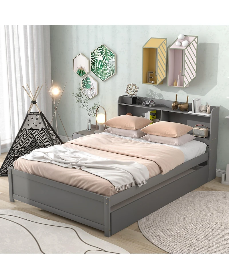 Sailvan Full Platform Bed with Trundle and Storage Bookcase Headboard, Solid Pine Wood