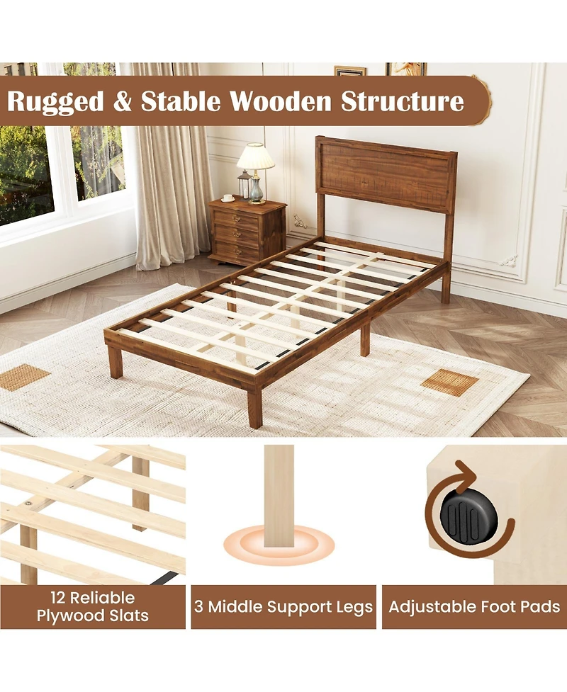 Slickblue Bed Frame with Headboard Sturdy Wooden Slats for Enhanced Mattress Support