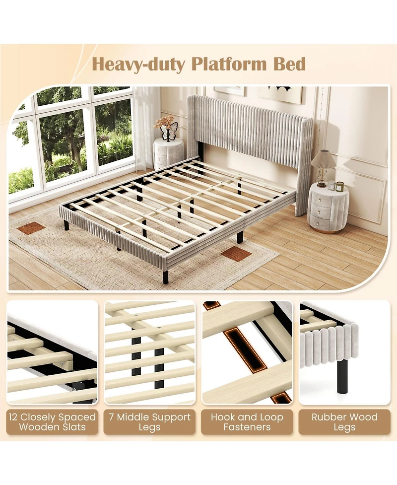 Slickblue Modern Velvet Platform Bed Frame with Vertical Tufted Wingback Headboard Support