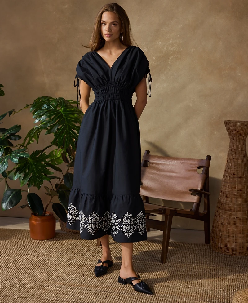 Vince Camuto Women's V-Neck Embroidered Hem Midi Dress