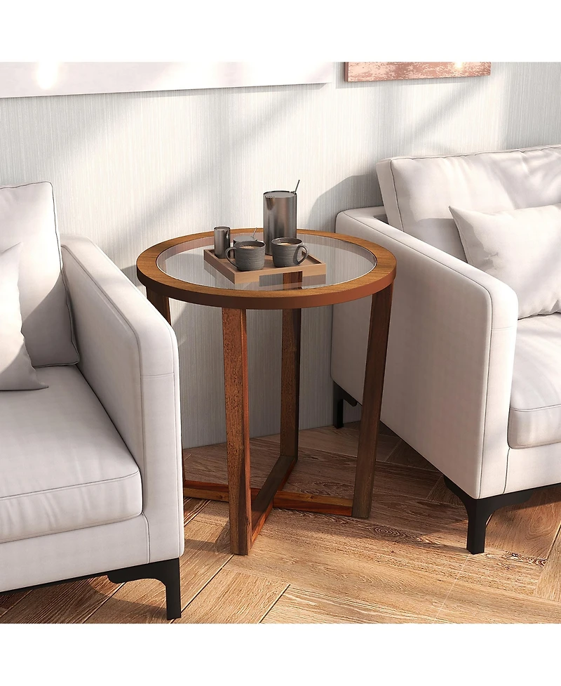 Gymax Modern Round End Table w/ Transparent Tempered Glass Top Solid Acacia Wood Legs