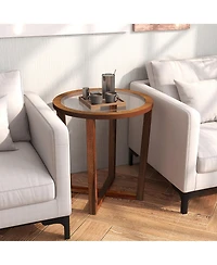 Gymax Modern Round End Table w/ Transparent Tempered Glass Top Solid Acacia Wood Legs