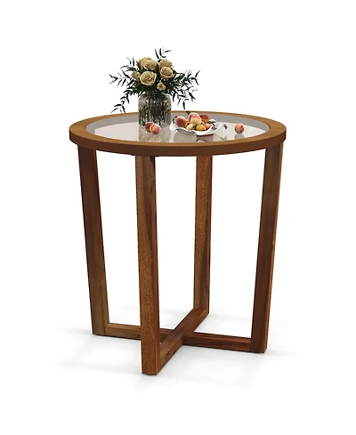 Gymax Modern Round End Table w/ Transparent Tempered Glass Top Solid Acacia Wood Legs