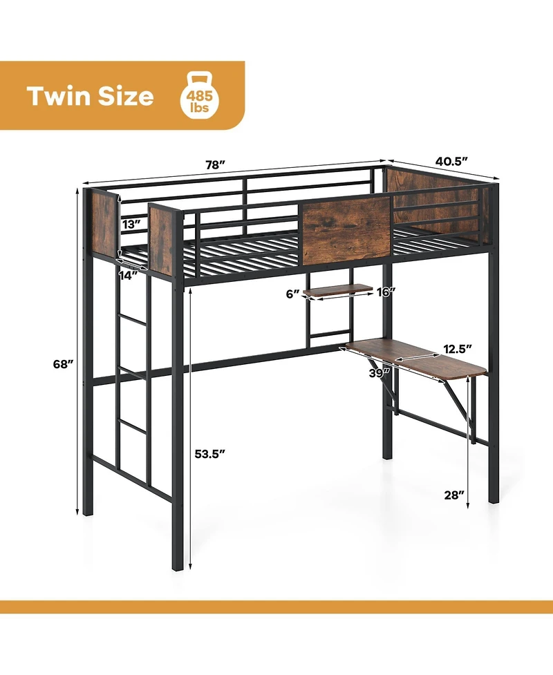 Gymax Twin Loft Bed with Desk Heavy-Duty Metal Bed Frame with Safety Guardrail and Ladder