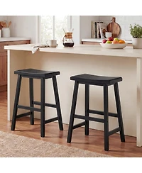 Gymax Solid Wood Saddle Bar Stools Set of Backless Wooden Barstools with Footrests