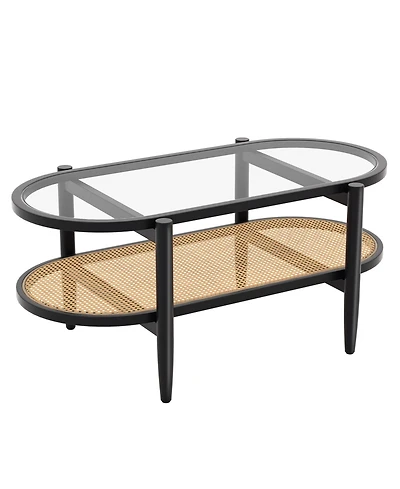 Sugift 2-Tier Coffee Table with Tempered Glass Tabletop and Acacia Wood Frame