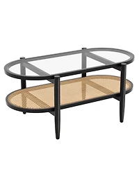 Sugift 2-Tier Coffee Table with Tempered Glass Tabletop and Acacia Wood Frame