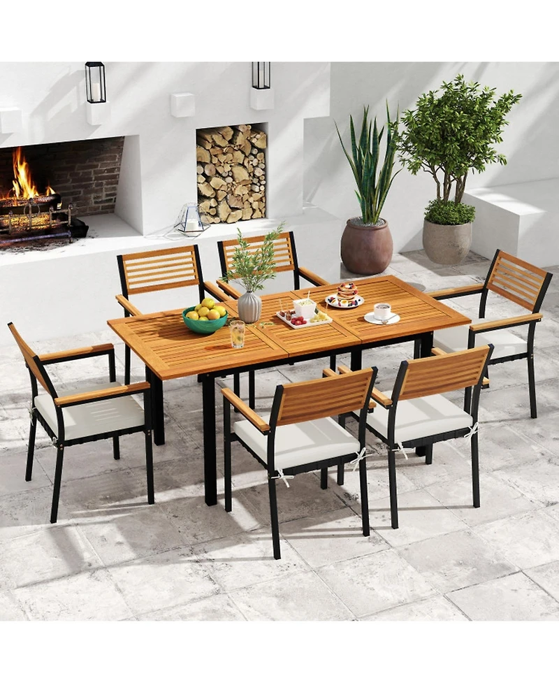 Gouun 7-Piece Expandable Acacia Wood Patio Dining Set with Cushions and Umbrella Hole