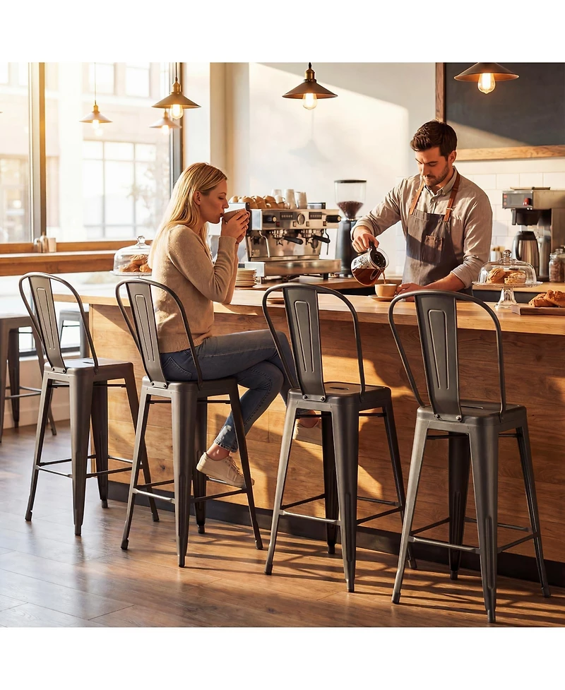 Gymax Metal Bar Stools Set of 4 24'' Counter Height Barstools with Backrests and Footrests