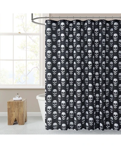 Kate Aurora Halloween Accents Black and White Spooky Skulls Fabric Shower Curtain