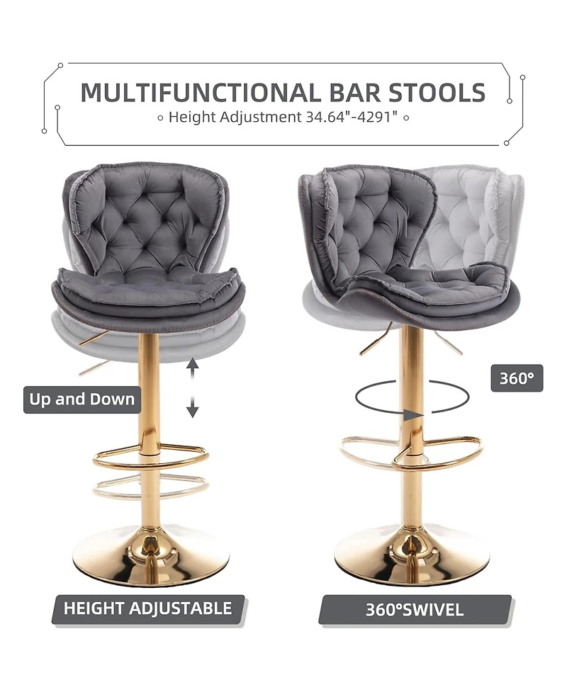 Rainsken Swivel Velvet Bar Stools Set of 2, Adjustable Counter Height Chairs with Chrome Footrest and Base for Kitchen Island, Home Pub
