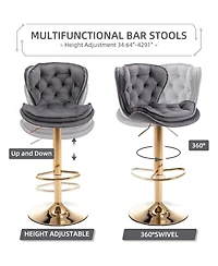 Rainsken Swivel Velvet Bar Stools Set of 2, Adjustable Counter Height Chairs with Chrome Footrest and Base for Kitchen Island, Home Pub