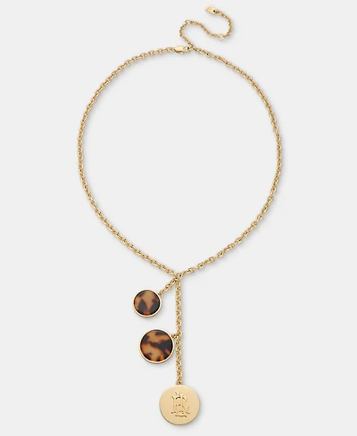 Lauren Ralph Lauren Tortoise-Look & Logo Charm Lariat Necklace, 16" + 3" extender