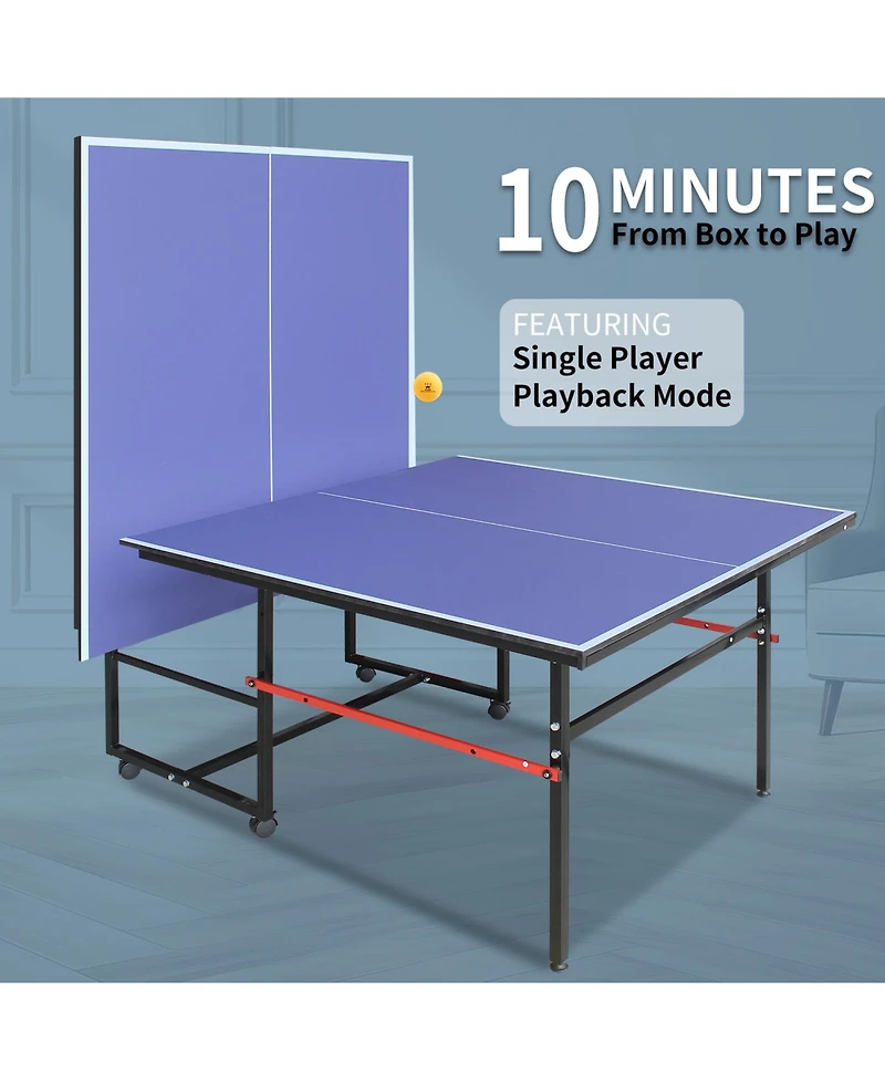 Rainsken 8FT Mid-Size Table Tennis Table, Foldable and Portable Ping Pong Table Set with Net, 2 Table Tennis Paddles and 3 Balls for Family Game