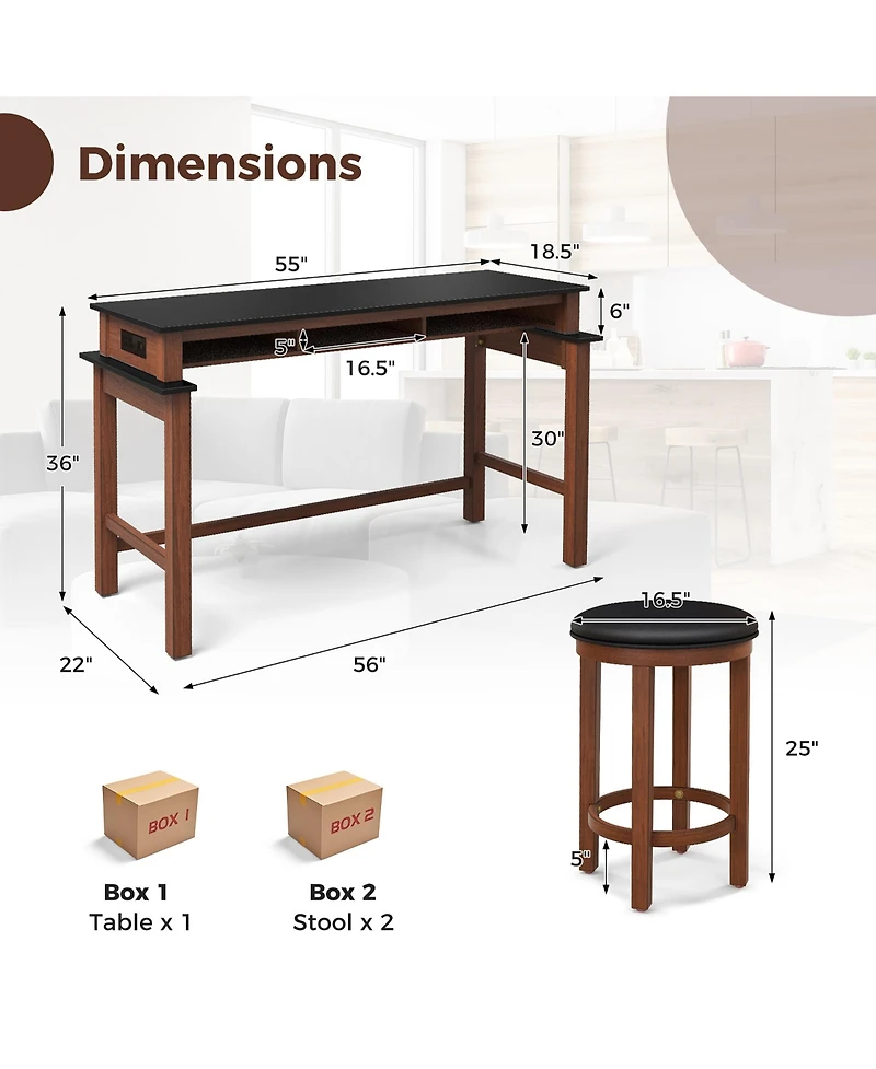 Gymax 3-Piece Home Bar Set Counter Height Bar Table with 2 Upholstered Bar Stools