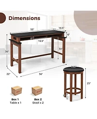 Gymax 3-Piece Home Bar Set Counter Height Bar Table with 2 Upholstered Bar Stools