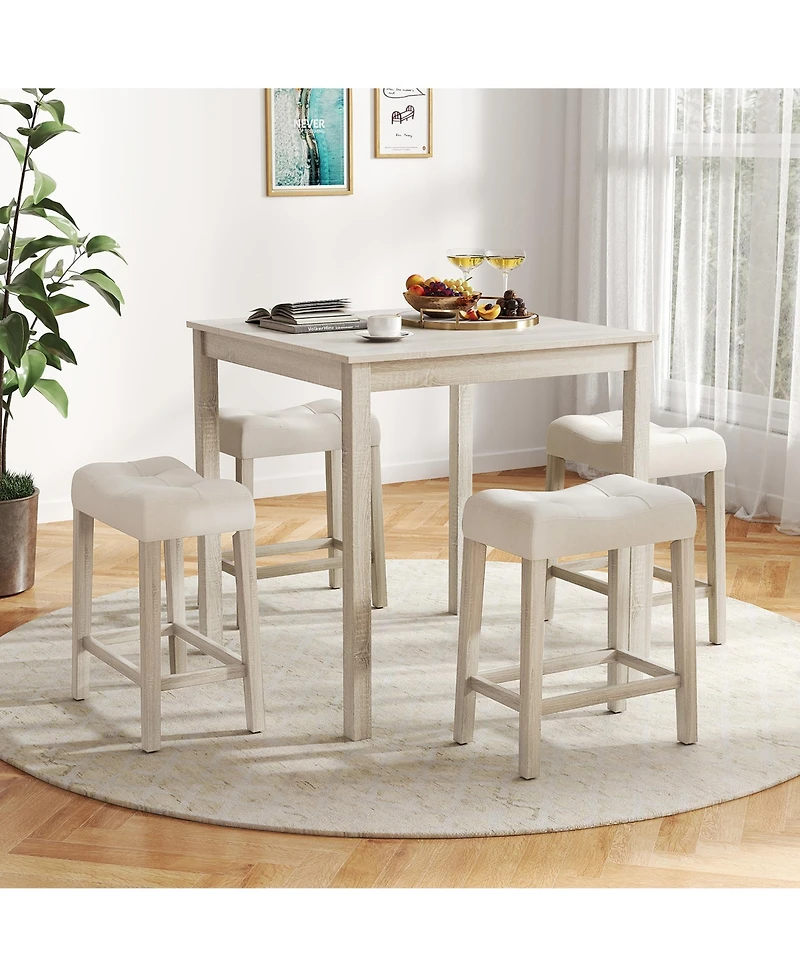 Gymax 5 Pcs Square Bar Table Set for 4 with Padded Stools Rubber Wood Legs for Kitchen