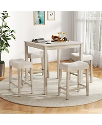 Gymax 5 Pcs Square Bar Table Set for 4 with Padded Stools Rubber Wood Legs for Kitchen