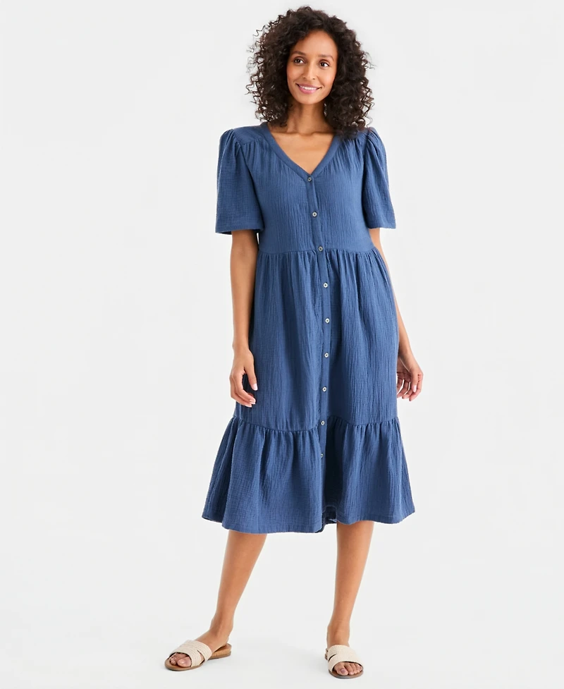 Style & Co Women's Cotton Gauze Tiered Button-Front Midi Dress, Macy's Exclusive