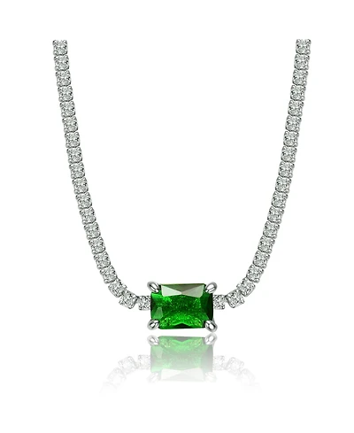 Genevive Sterling Silver White Gold Plated with Colored Cubic Zirconia Solitaire Thin Chain Necklace