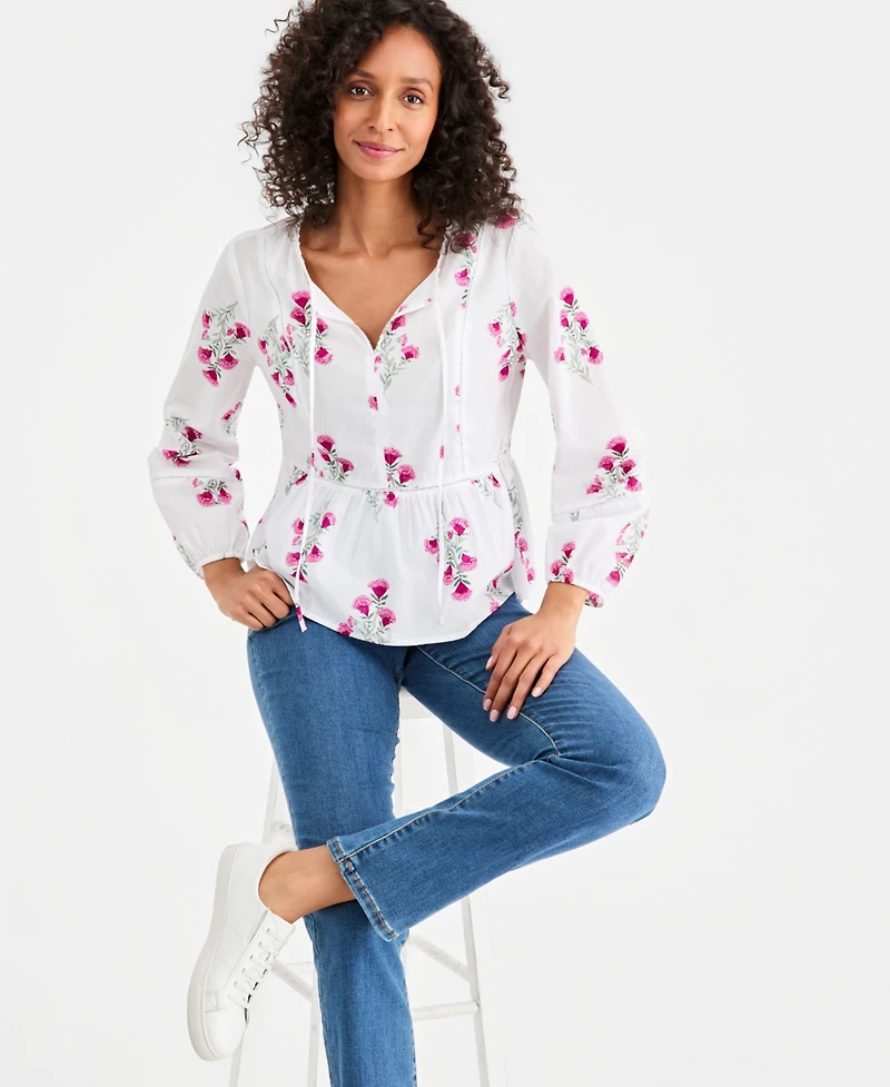 Style & Co Women's Cotton Printed Peplum Popover Blouse, Macy's Exclusive