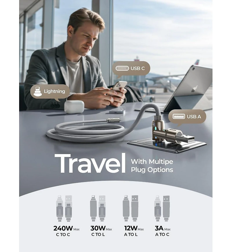 Lisen 4-in-1 Charging Cable 6.6 ft, Usb-c and Lightning Multi Connector Cable, Up to 240W Fast Charging Cord for iPhone, Samsung, MacBook