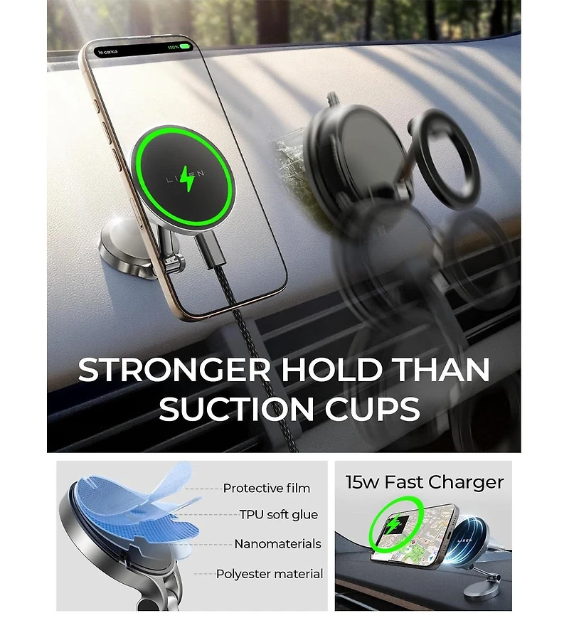 Lisen MagSafe Car Mount Charger, 15W Magnetic Wireless Phone Holder, Mini Dashboard Mount with Strong Adhesive for iPhone 17/16/15/14/13